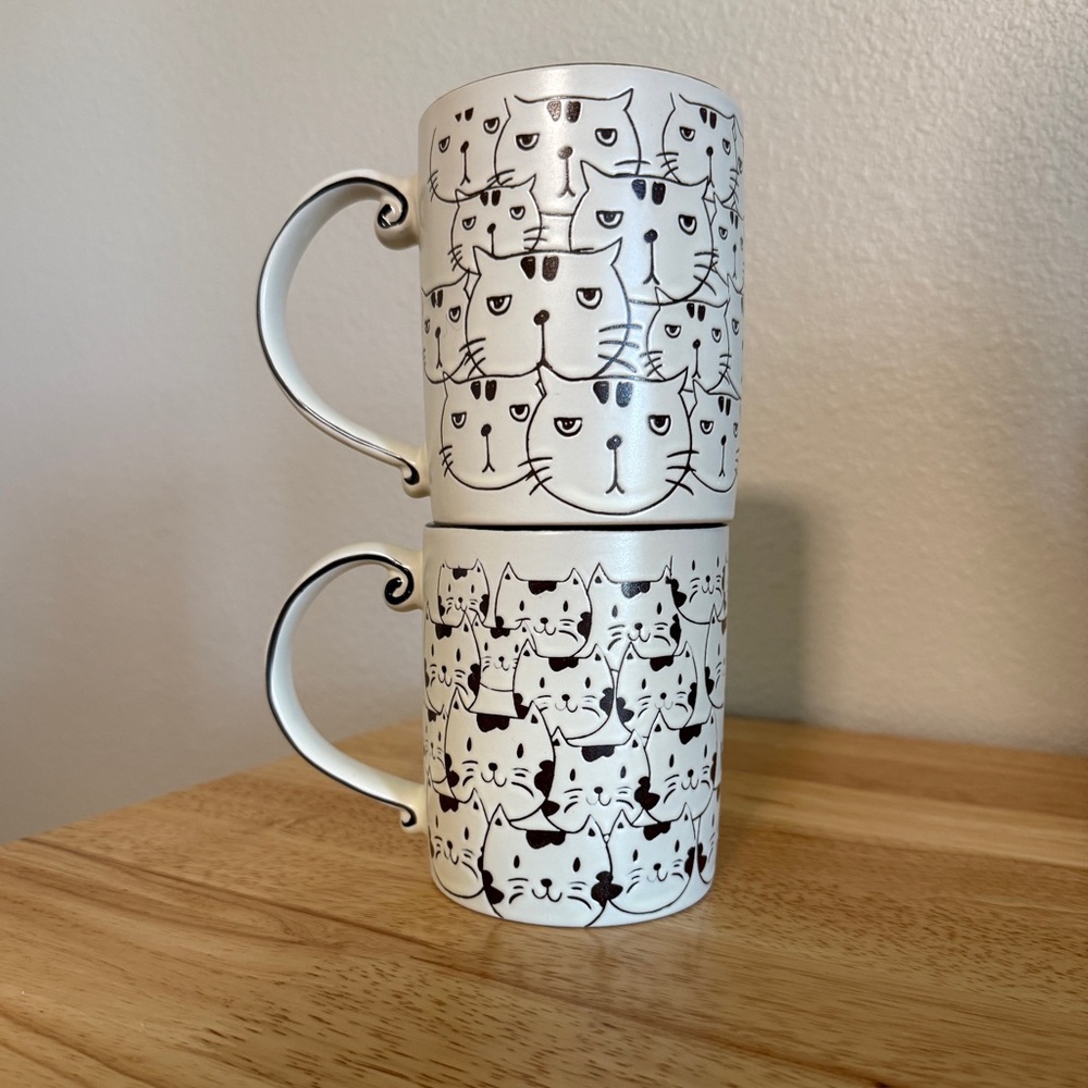 Smiling Cat Face Frowning Cat Face Ceramic Cups Two Whimsical Cat Mugs